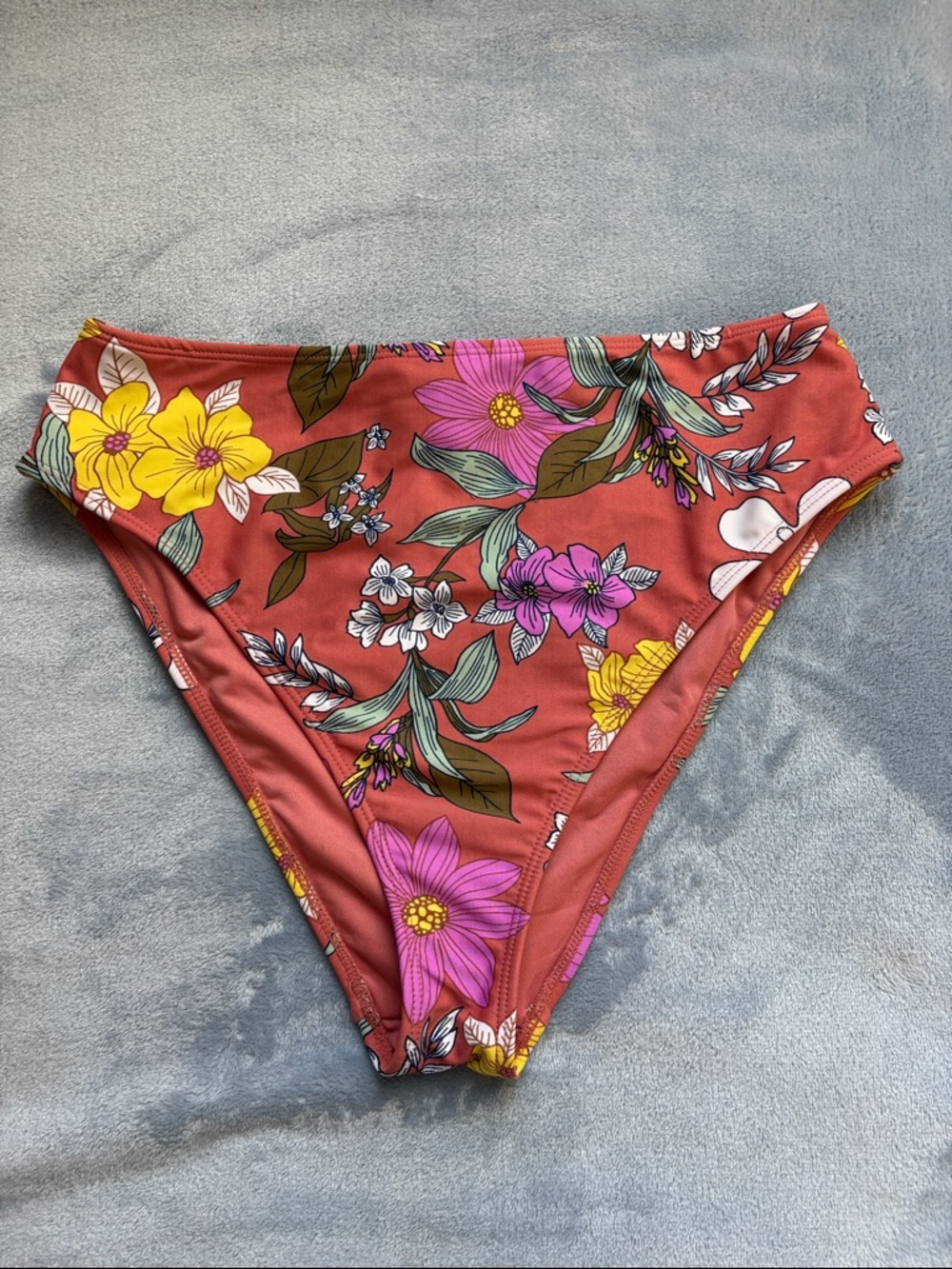 Forever 21 Floral High Cut Bikini Bottom - Rust with Pink & Yellow Flowers